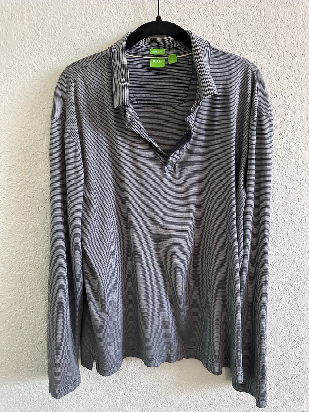 BOSS Hugo Boss Green Label XL Gray Striped Long Sleeve Polo Shirt Regular Fit
